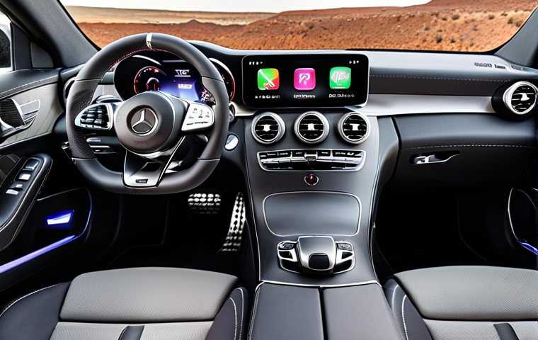 A Mercedes-Benz C-Class interior, emphasizing its futuristic and luxurious cockpit. A large, high-resolution central touchscreen and digital instrument cluster are prominently lit, showcasing advanced MBUX infotainment. Premium, modern materials like sleek metallic accents and high-gloss finishes are visible, exuding cutting-edge technology and dynamic driving pleasure.