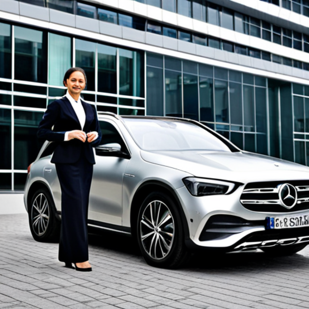 Mercedes-Benz EQB - Professional Setting**

"A professional businesswoman in a modest business suit stands proudly next to a silver Mercedes-Benz EQB in front of a modern office building, fully clothed, appropriate attire, safe for work, perfect anatomy, natural proportions, professional car photography, high quality, daytime."

**