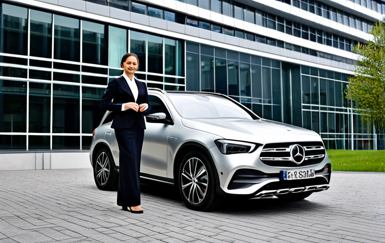Mercedes-Benz EQB - Professional Setting**

"A professional businesswoman in a modest business suit stands proudly next to a silver Mercedes-Benz EQB in front of a modern office building, fully clothed, appropriate attire, safe for work, perfect anatomy, natural proportions, professional car photography, high quality, daytime."

**