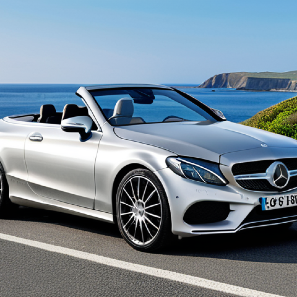 **
"A sleek Mercedes-Benz C-Class Cabriolet, top down, parked on a scenic coastal road, fully clothed driver, appropriate attire, safe for work, perfect anatomy, natural proportions, professional car photography, high quality, bright sunny day."
**