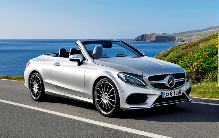**

"A sleek Mercedes-Benz C-Class Cabriolet, top down, parked on a scenic coastal road, fully clothed driver, appropriate attire, safe for work, perfect anatomy, natural proportions, professional car photography, high quality, bright sunny day."

**