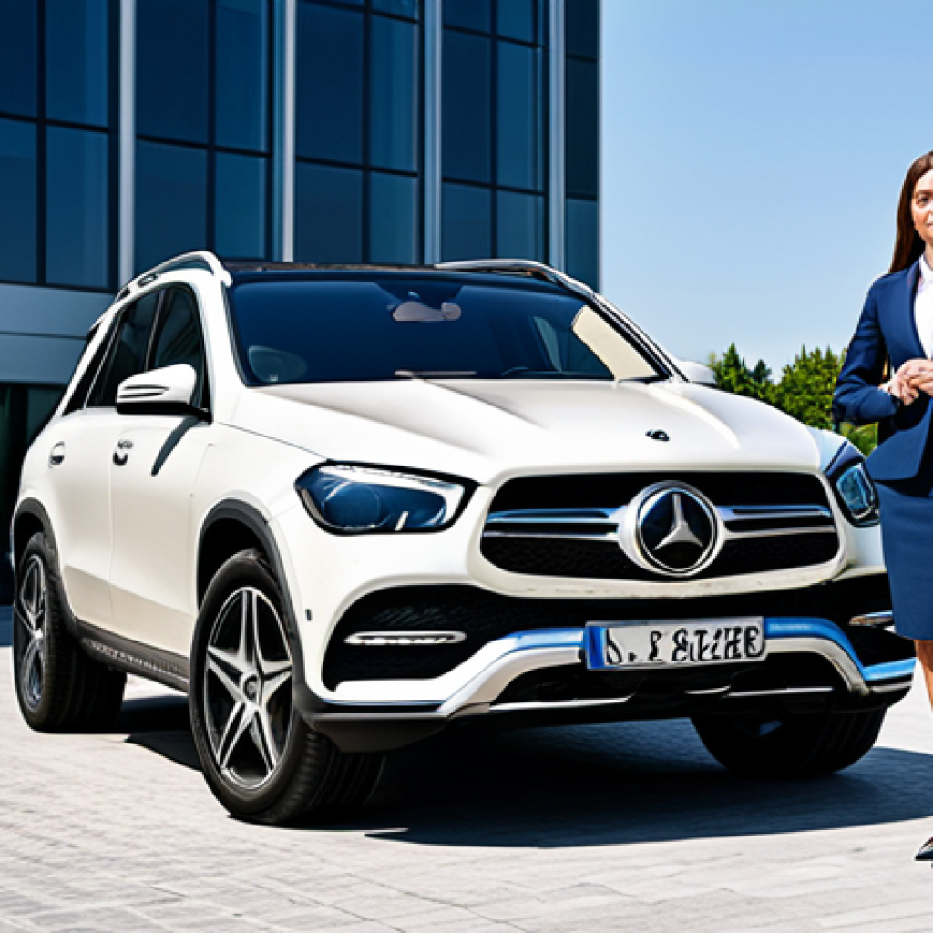 A professional businesswoman in a modest business suit, standing confidently next to a Mercedes-Benz GLE Hybrid, parked in front of a modern office building, fully clothed, appropriate attire, safe for work, perfect anatomy, natural proportions, professional photography, high quality.