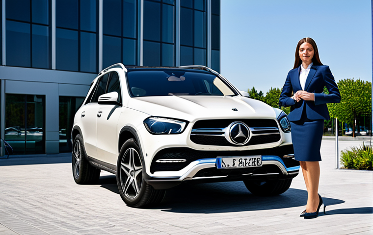 A professional businesswoman in a modest business suit, standing confidently next to a Mercedes-Benz GLE Hybrid, parked in front of a modern office building, fully clothed, appropriate attire, safe for work, perfect anatomy, natural proportions, professional photography, high quality.