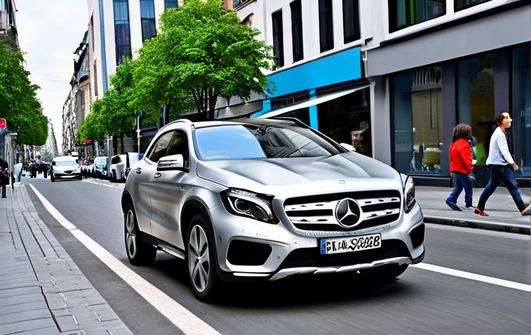 Mercedes-Benz GLA - Urban Scene**

"A professional woman in a fully clothed, modest business casual outfit, driving a silver Mercedes-Benz GLA in a bustling city street, appropriate attire, safe for work, perfect anatomy, correct proportions, natural pose, daytime, high quality, family-friendly."

**