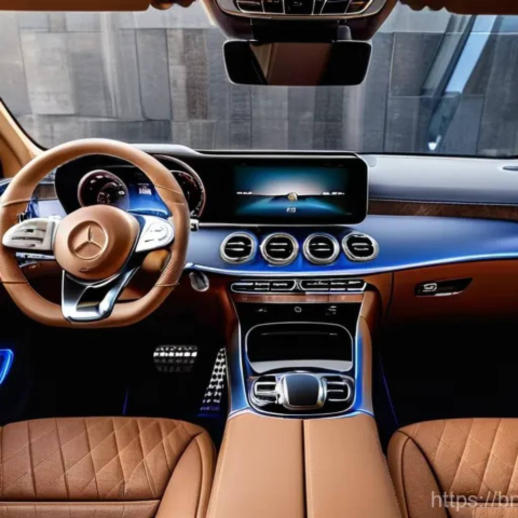 벤츠 GLE의 럭셔리 SUV 특징 - **Prompt 1: Luxurious and Connected Cabin Experience**
    A wide-angle shot from the passenger side...