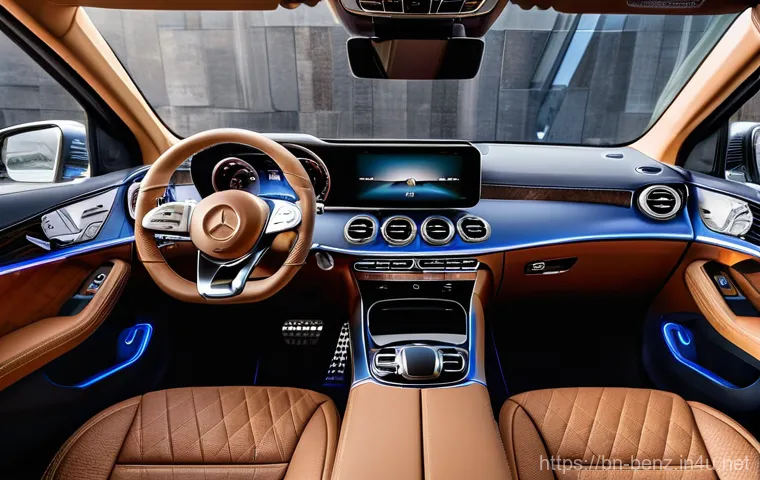 벤츠 GLE의 럭셔리 SUV 특징 - **Prompt 1: Luxurious and Connected Cabin Experience**
    A wide-angle shot from the passenger side...