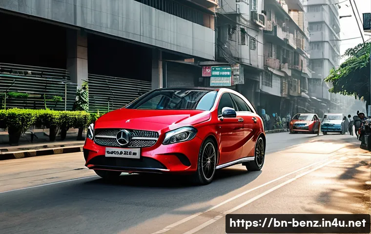 벤츠 A클래스 해치백 장단점 - A sleek Mercedes-Benz A-Class hatchback parked in a busy urban street in Dhaka, Bangladesh, showcasi...