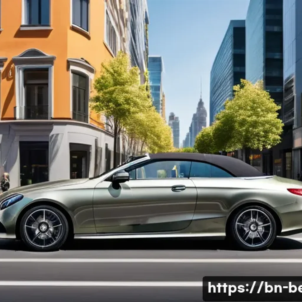 벤츠 E클래스 카브리올레의 장단점 - A luxurious Mercedes-Benz E-Class Cabriolet parked on a vibrant city street under bright daylight, s...