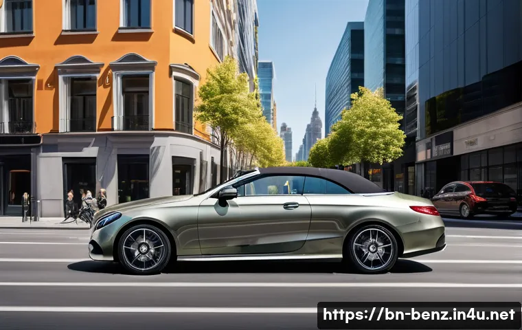 벤츠 E클래스 카브리올레의 장단점 - A luxurious Mercedes-Benz E-Class Cabriolet parked on a vibrant city street under bright daylight, s...