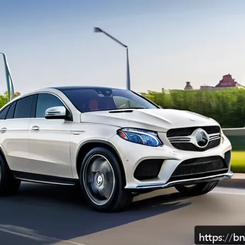 벤츠 GLE 쿠페의 최신 옵션 - A sleek Mercedes-Benz GLE Coupe driving smoothly on a modern highway at dusk, showcasing its sporty ...