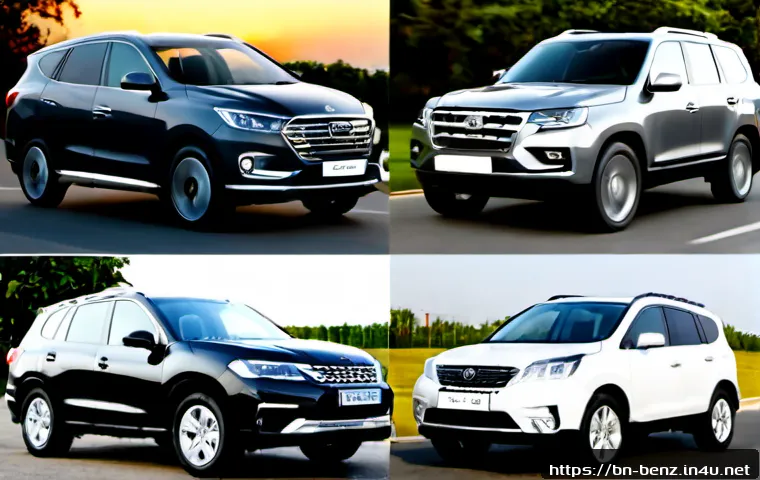 Home 17 벤츠 GLC와 현대 투싼 비교 - Photorealistic side-by-side comparison of two modern compact SUVs, a refined luxury-style dark gray ...