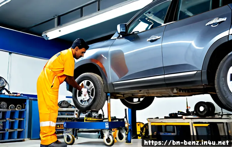 벤츠 EQC의 유지보수 비용 - Photorealistic premium electric SUV maintenance scene in a clean modern service garage in Dhaka, a B...